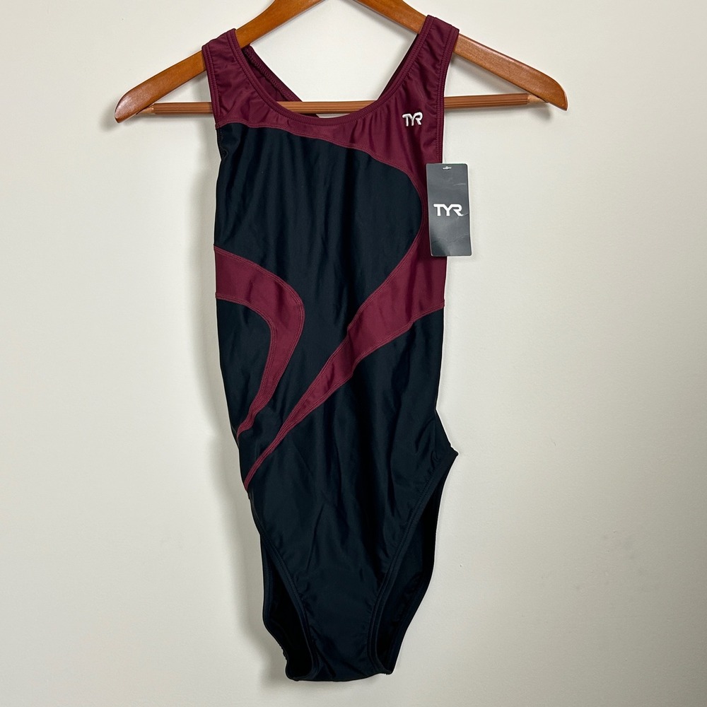 TYR Alliance T-Splice Maxback Swimsuit‎ Womens 36(L) Black Burgundy Athletic NWT
